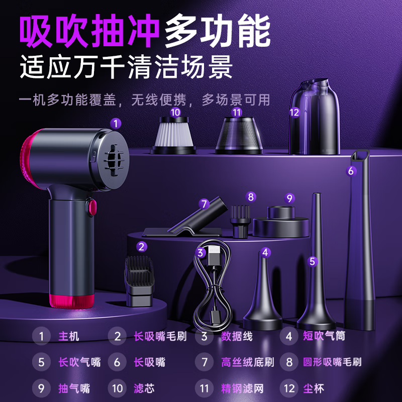 REWONDER Performance Master丨Three uses for car pets, brushless car vacuum cleaner, large suction power, long battery life, wireless handheld pencil type, high power purple 12000pa