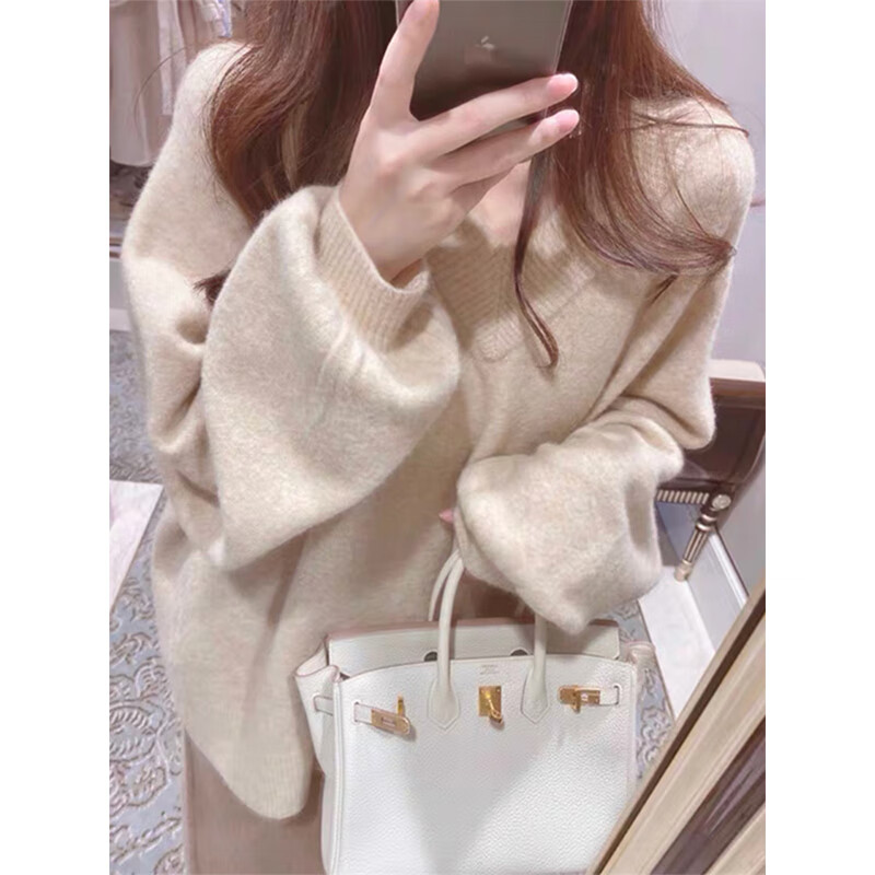 Lanzhi warm and soft waxy v-neck pullover sweater for women autumn and winter thickened loose lazy sweater NX877 floral pink one size