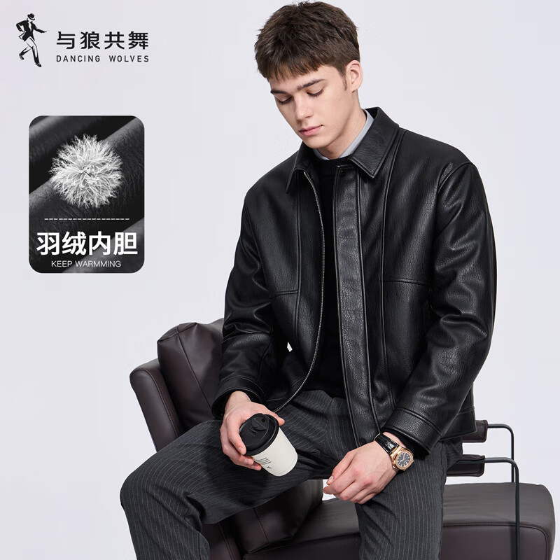 Dances with Wolves Down Liner PU Leather Lapel Jacket Men's 2025 Autumn and Winter New Graphene Warm Men's Jacket 1002 Black 001 XL (180)