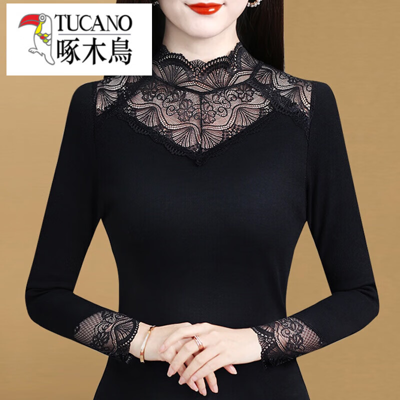 Woodpecker (TUCANO) Lace Bottoming Shirt Women's Autumn and Winter Fashionable and Western 2025 New Long-Sleeved Inner Warm Shirt Plus Velvet Thickened Top Black Lace Plus Velvet L