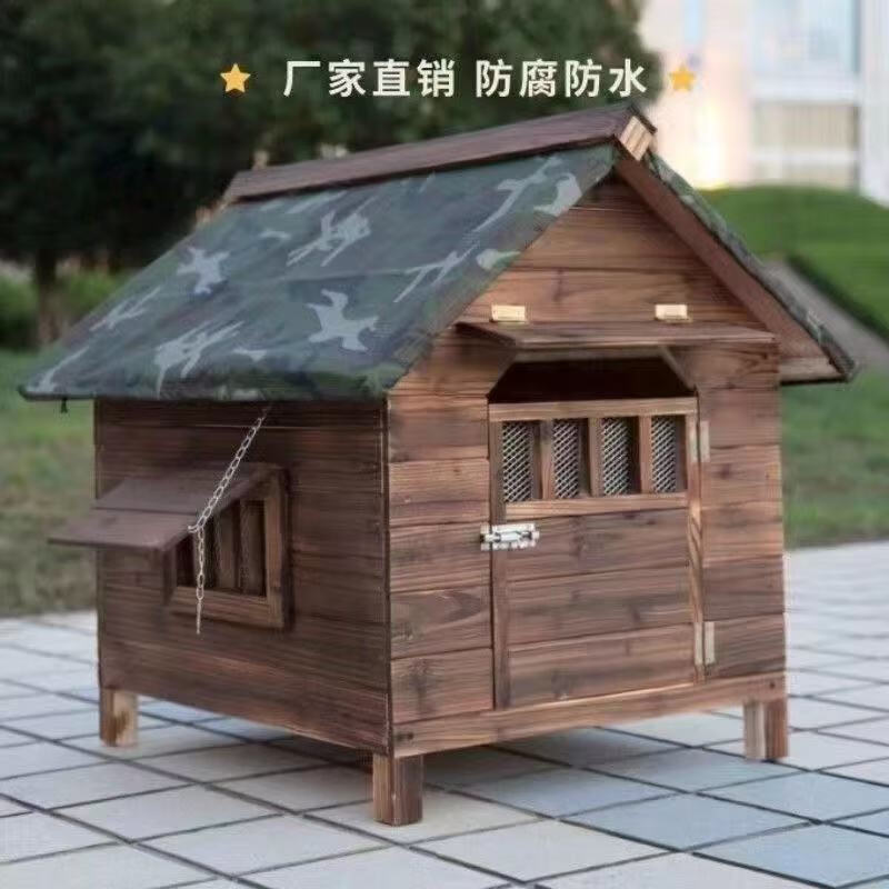 Craftsman head outdoor solid wood dog house indoor and outdoor rain-proof and sun-proof pet kennel for cats and dogs, pet supplies for all seasons, dog house without door, single window, free door sign + rain cover, L size medium-sized dog within 40 pounds, board thickness 1.3cm