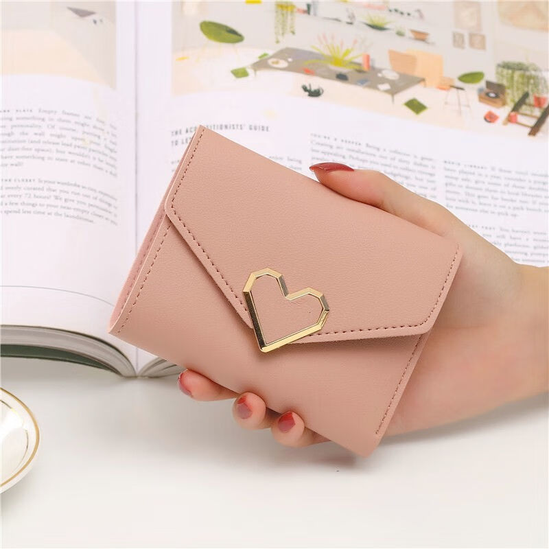 Fuyan's new simple and fashionable short wallet card bag thin Korean style buckle coin purse student ladies wallet female short pink E