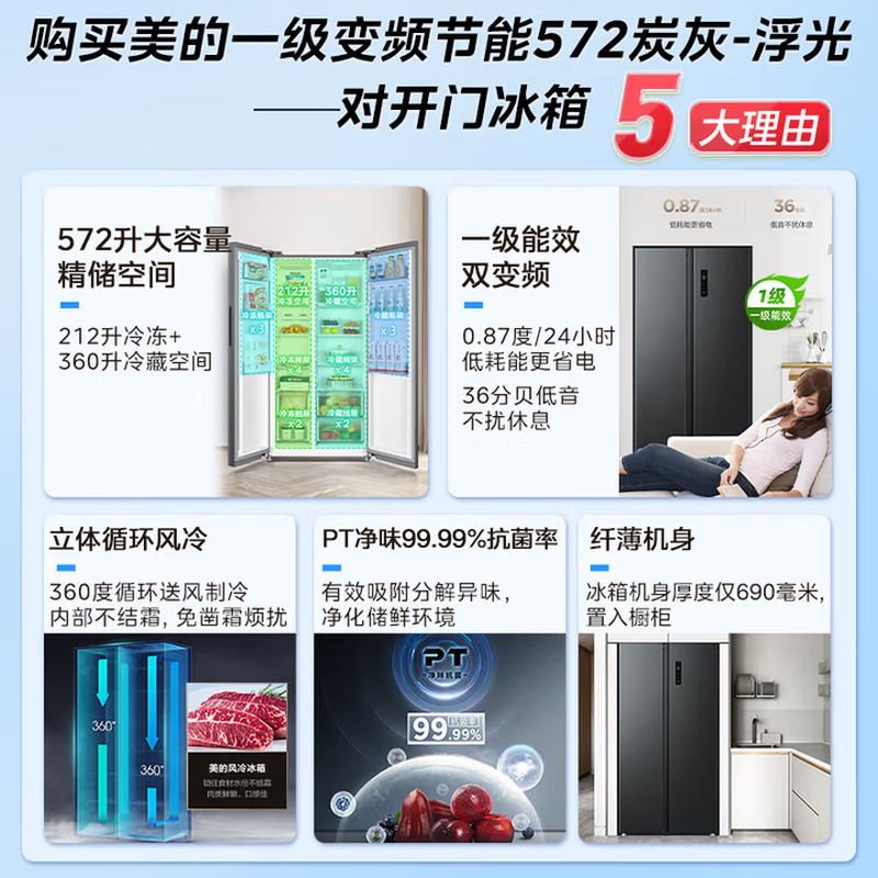 Midea 570+L Double Door Refrigerator Large Capacity Level 1 Energy Efficiency Dual Frequency Conversion Energy Saving Air Cooling Frost-free Stocking Purifying Odor Trade-in State Subsidy