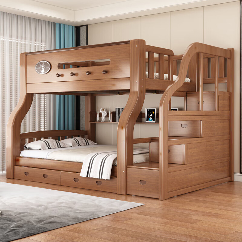 Bunk bed plus thick solid wood high and low bed bunk bed size apartment two-tier bed mother and child bed parent and child bed bunk bed ladder upper bed width 130 lower bed width 150 (comes with bookshelf)