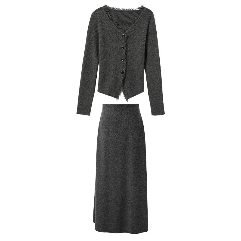Sancai 2025 new autumn knitted suit raw edge V-neck sweater skirt two-piece set S