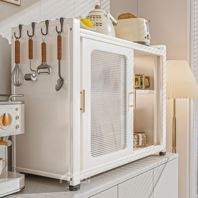 Dining table side cabinet desktop storage cabinet storage cabinet household multi-functional storage cabinet kitchen side cabinet modern cup holder upgraded sliding door - adjustable shelves - 60cm three-layer storage - white