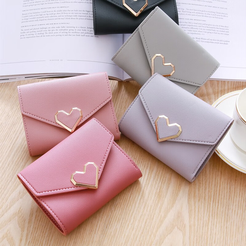 Fuyan's new simple and fashionable short wallet card bag thin Korean style buckle coin purse student ladies wallet female short pink E