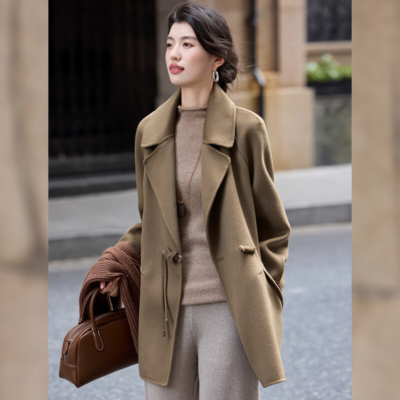 Bailuyu temperament 100% wool coat 25 new winter suit collar simple mid-length double-sided woolen coat for women khaki green L
