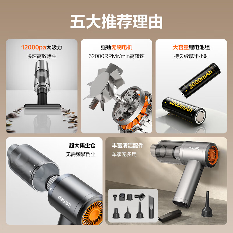 Deli Brushless Storm Suction Handheld Vacuum Cleaner Car Vacuum Cleaner High Suction Wireless Car Home Suction and Blowing Car Mini Easy Suction Computer Desktop Dust Removal