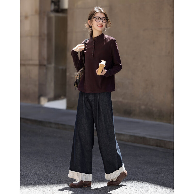 Demana 220G liter warm ginger velvet winter warm round neck button half placket solid color splicing women's T-shirt