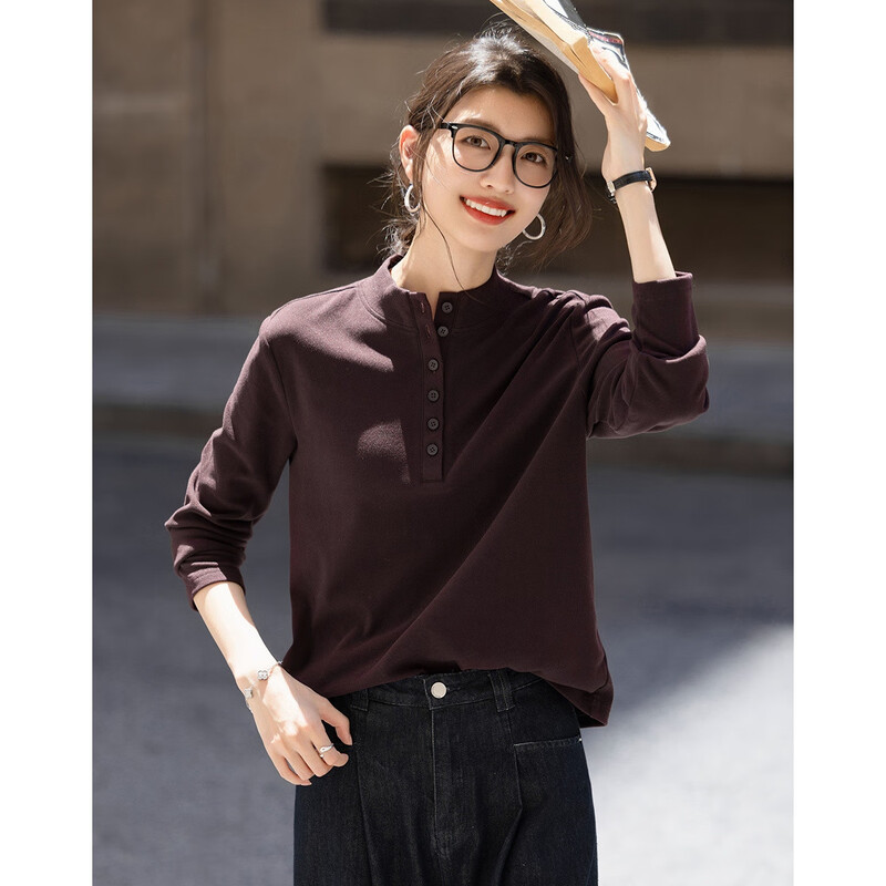 Demana 220G liter warm ginger velvet winter warm round neck button half placket solid color splicing women's T-shirt