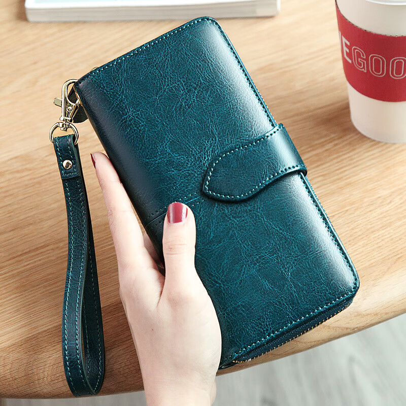 Banyanu 2025 New Women's Wallet Women's Long Genuine Leather Wallet Women's Fashion Wallet Large Capacity Clutch Dark Green (Embroidery Thread) - Anti-Theft Brush