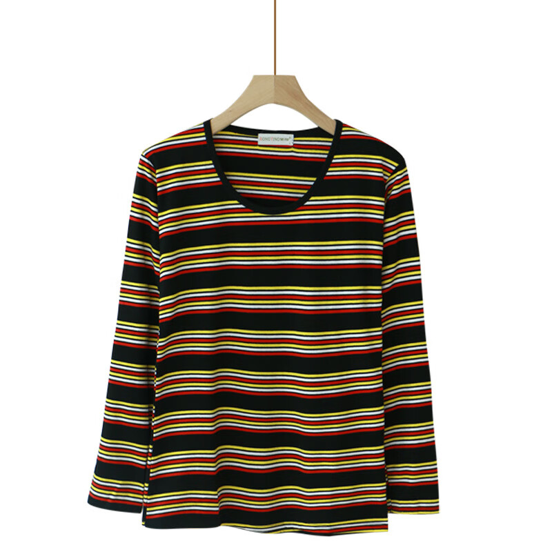 Yalu middle-aged and elderly women's long-sleeved T-shirt mother's autumn cotton striped shirt top spring and autumn round neck sweater bottoming shirt purple L 75-110 catties