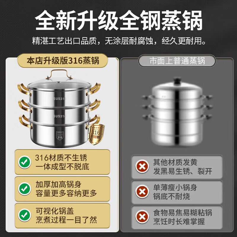 ZWILLING German stainless steel steamer 316 food grade thickened household multi-layer cooking pot hot pot induction cooker universal soup pot double layer extra thick 316 steel one-piece molding 28cm