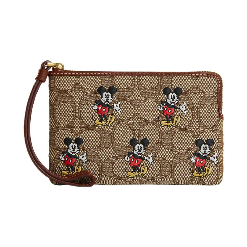 COACH 16 Mickey Mouse Print Zipper Closure Pebbled Leather Wallet Small Women's Brass and Khaki Basic Pack (Bag + Dust Bag)