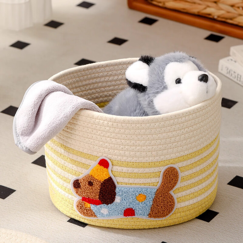 Fanye's polka-dot puppy woven storage basket household dust-proof covered snacks and miscellaneous storage basket large-capacity toy storage box