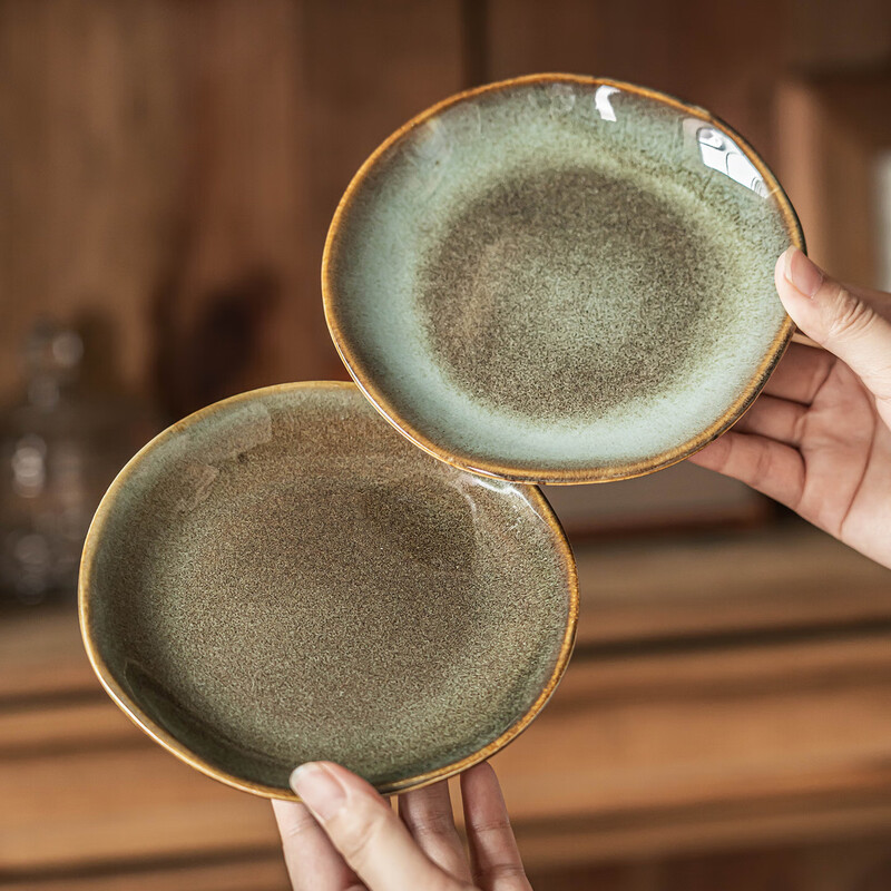 Bone plate household Japanese tableware retro style creative ceramic special restaurant personalized round plate dessert plate Qingxin-bone plate kiln turned green (slightly flawed) 1 piece 5.5 inches