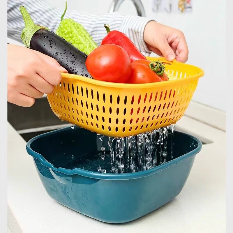 Double-layer drain basket, blue vegetable sink, home kitchen, multi-functional, large-capacity, plastic fruit and vegetable bowl and chopsticks storage basin, extra large drain net + basin, 1 set