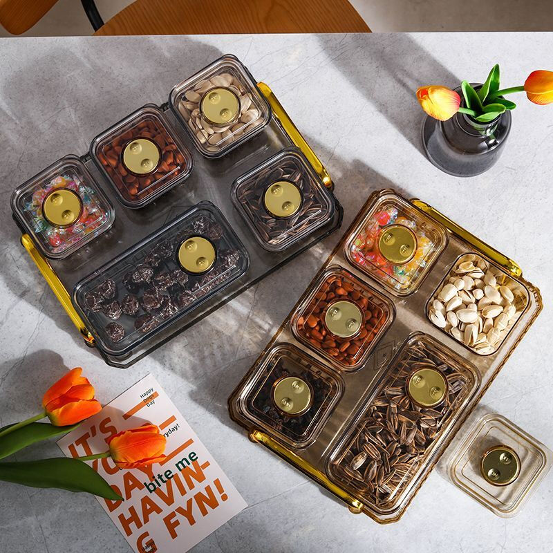 Raf core snack box, a box for storing snacks, food-grade snack storage box, high-end light luxury candy box for living room, divided water, gold amber color, 5 compartments (sealed with lid)