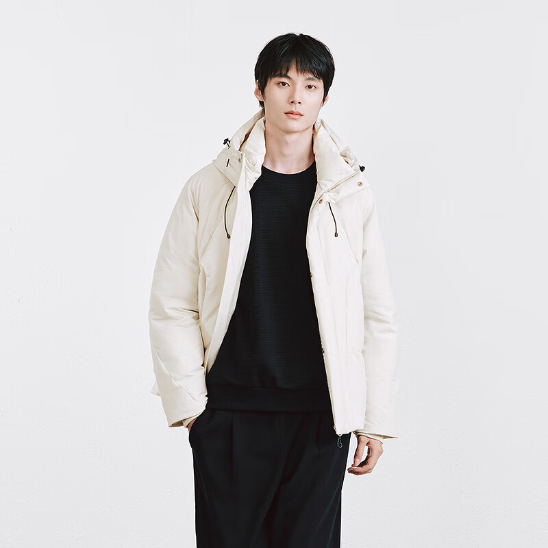 GXG Men's Wear Slightly Wrinkled Small Plaid Texture Front Chest Split Hooded Short Down Jacket 25 Winter New Product White M