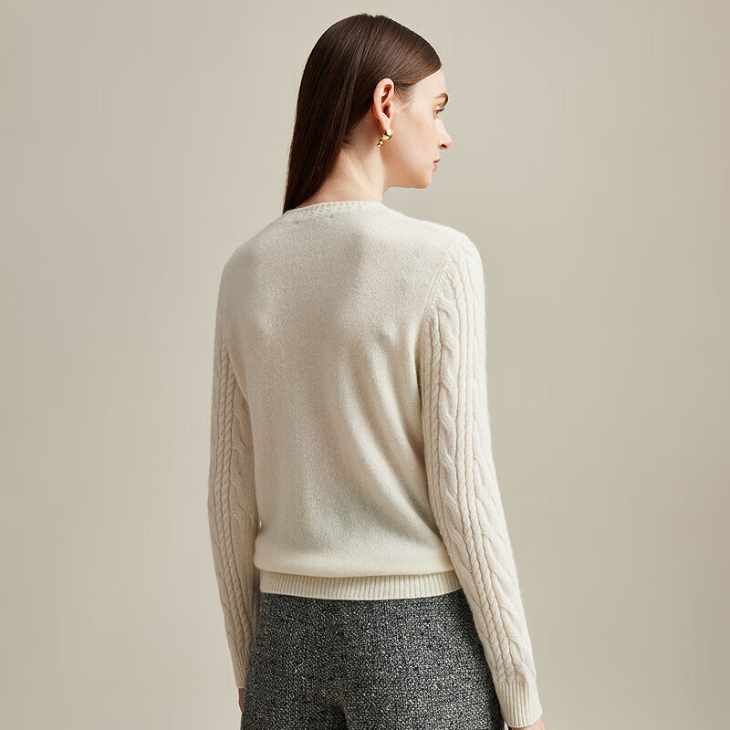 Zhaojun Autumn and Winter Red Solid Color Cable Cashmere Sweater Women's Round Neck Thick Knitted Sweater Cloud White M