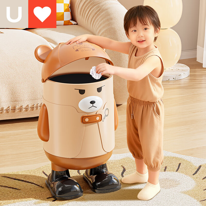 YOUNAL trash can for living room, home, internet celebrity, 2025 new large size with cover for kitchen and bedroom, high-end light luxury toilet, standing style large size - Brown Detective Bear 15L + 30 garbage bags