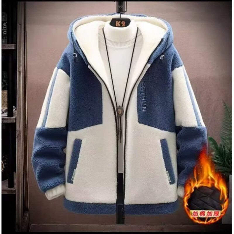 Cotton-padded men's fleece lamb wool coat autumn and winter teenage students thickened hooded cotton coat handsome winter cotton-padded jacket blue 3XL