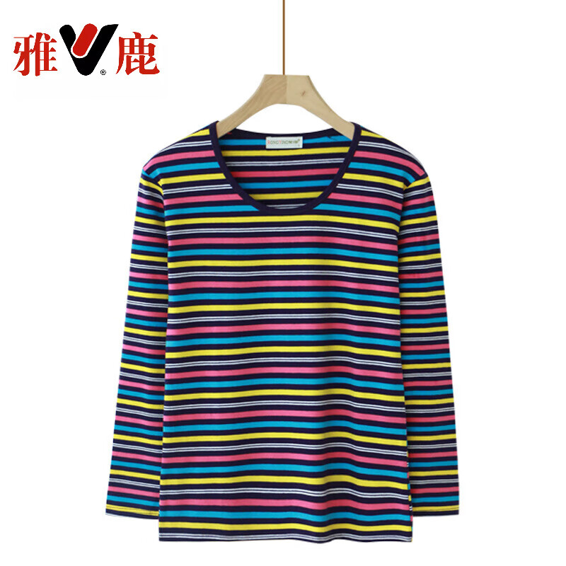 Yalu middle-aged and elderly women's long-sleeved T-shirt mother's autumn cotton striped shirt top spring and autumn round neck sweater bottoming shirt purple L 75-110 catties