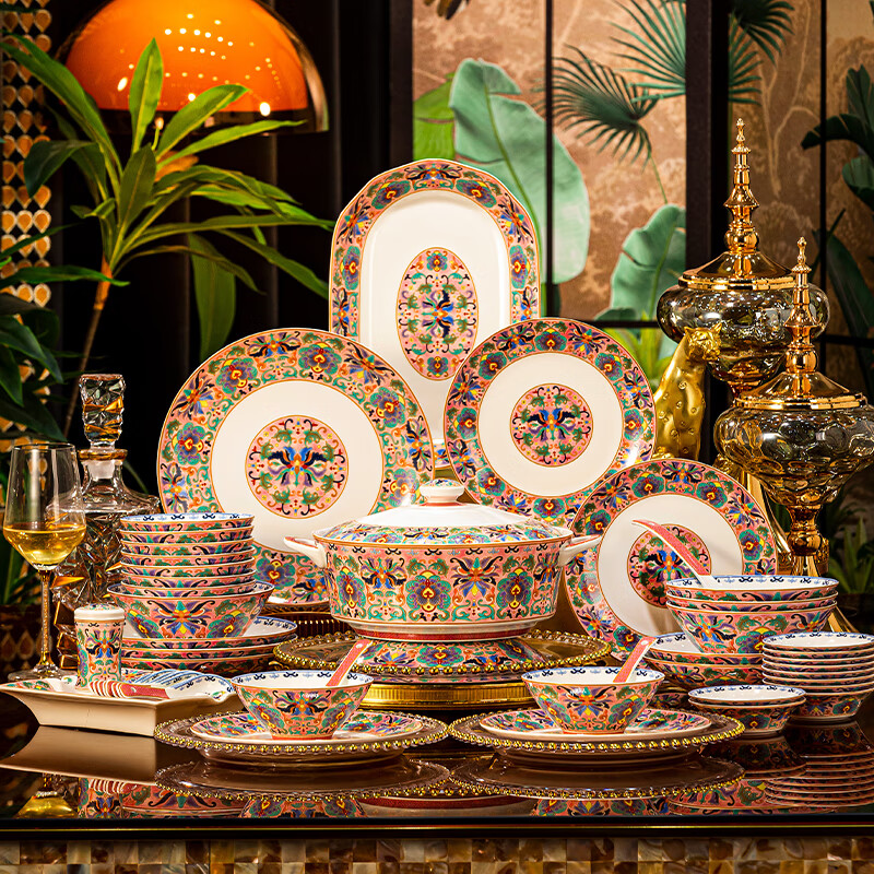 NINE CRANES high-looking enamel bowl set Jingdezhen bowl and plate set high-end housewarming gift bone china tableware set 30 pieces with large soup bowl | high-end brocade box | Earl's Garden