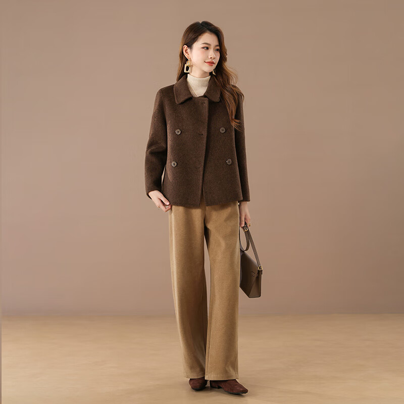 Qianbainian 100% sheep wool double-sided woolen coat for women autumn and winter new style lapel double-breasted shoulder coat truffle cocoa L