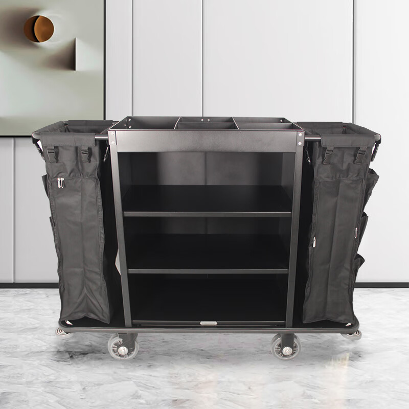 GNF service cart, hotel linen cart, room service, hotel cleaning, multi-functional hand push cleaning cart, cleaning cart C-21, light luxury black, 6-inch PP wheel, with two cloth bags