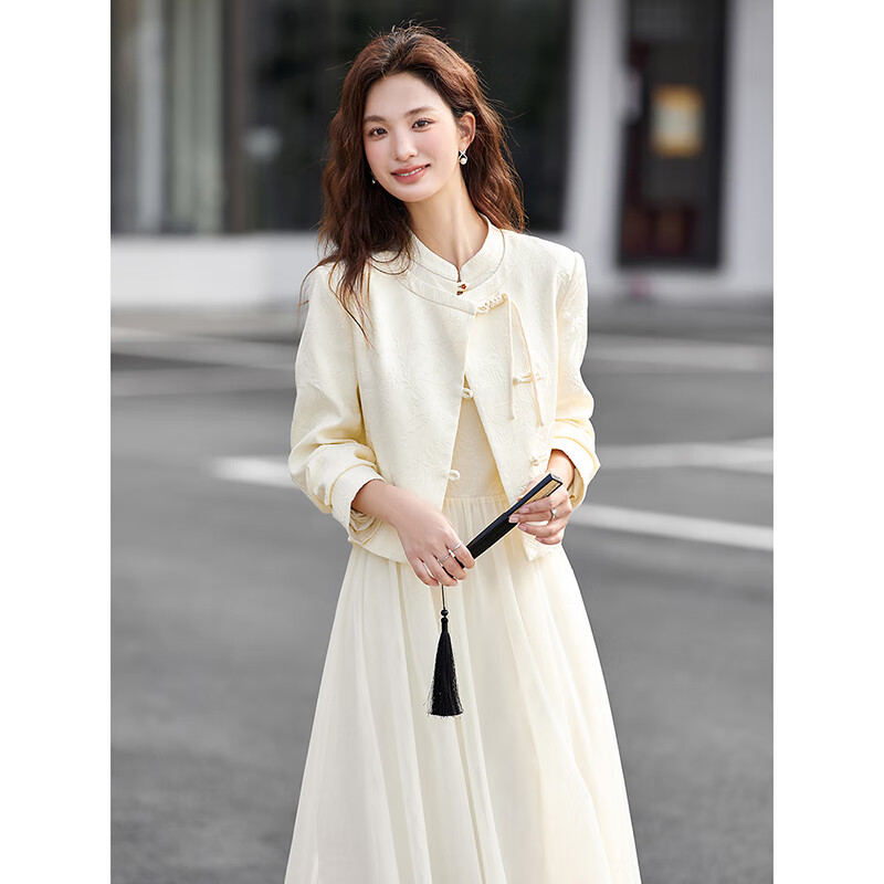 Fanximan new Chinese style apricot jacquard suit for women new coat and dress two-piece set apricot M