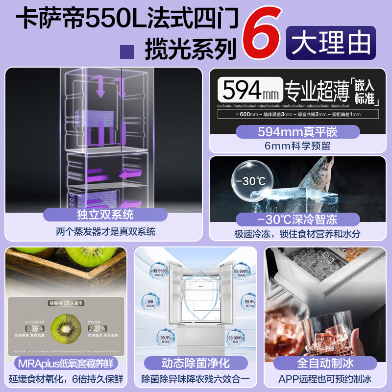 Casarte Languang series 550L French-style multi-door refrigerator, ultra-thin and zero-embedded, dual systems without odor, automatic ice making, large capacity BCD-550WGCFDMGZHU1 National subsidy