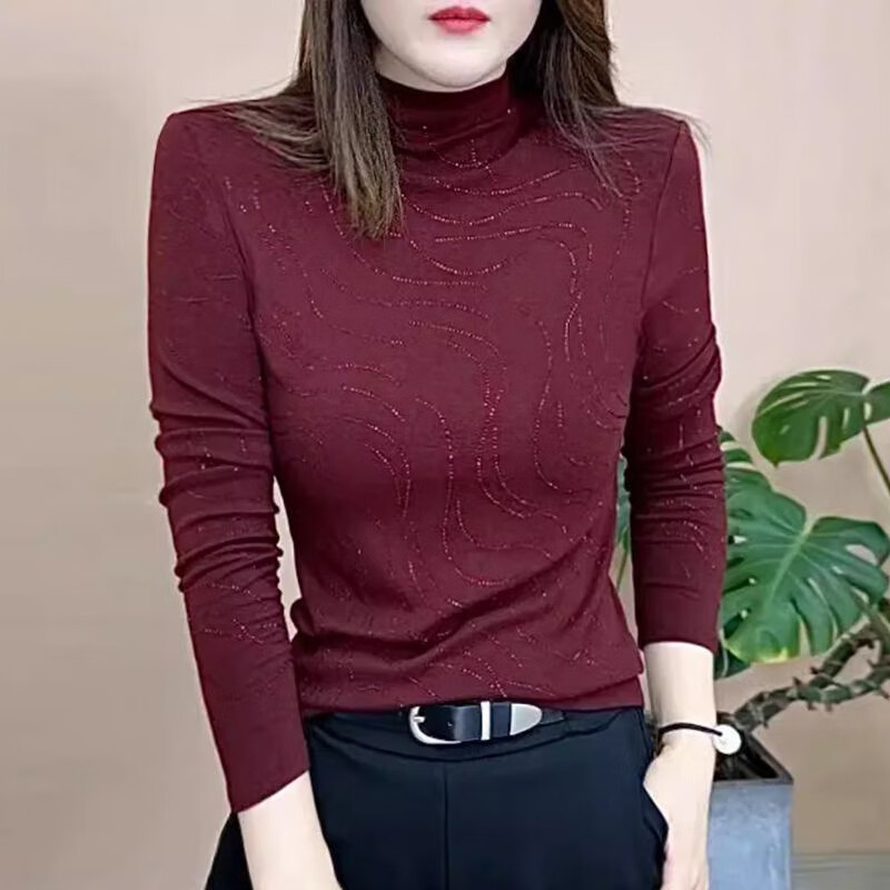 Xia Dian Suding Queen (SE.PSTP) Half Turtle Collar German Velvet Bottoming Shirt Women's Autumn and Winter Fashionable Western Wave Pattern Hot Diamond Mother's Top Temperament Small Shirt Trendy Dark Red XL 110 to 125 Jin