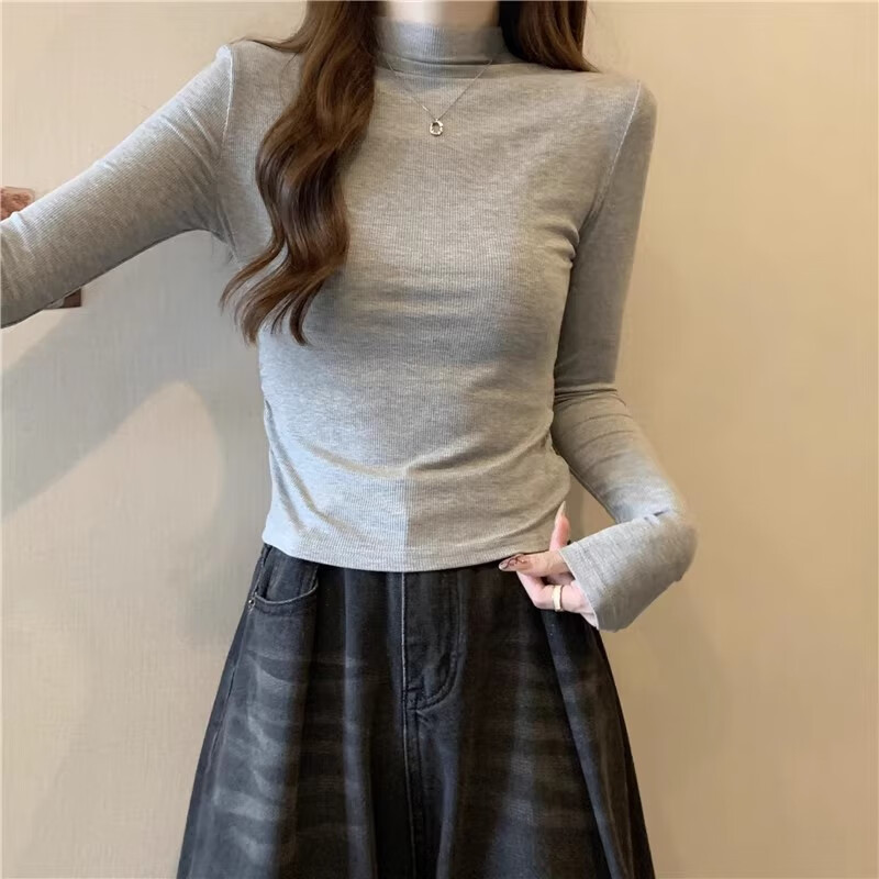 Pierre Cardin short German velvet half turtleneck bottoming shirt for women with autumn and winter slim long-sleeved T-shirt pleated top trendy ins black - autumn and winter plus velvet version thick section M