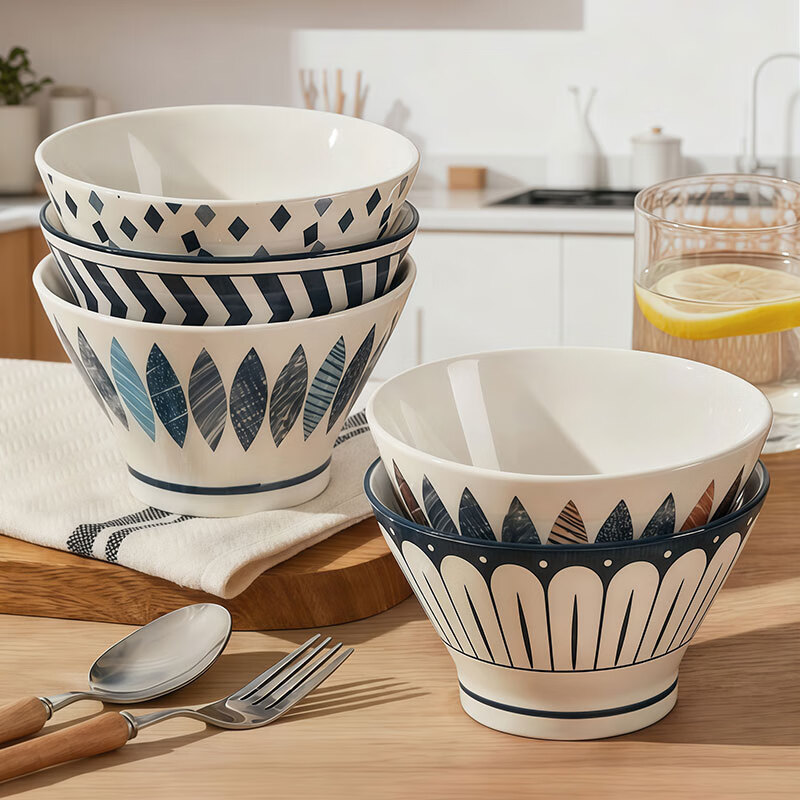 Jiwu Forest Ceramic Rice Bowl Household Tableware Bowl Noodle Bowl Soup Bowl Rice Bowl Random Colors Mantian 5 Inch 4 Pack