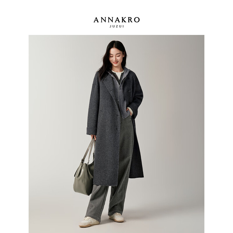 Jiuzi Annako college style 100 wool genuine two-piece hooded collar double-sided woolen coat for women 2025 winter new style dark gray S