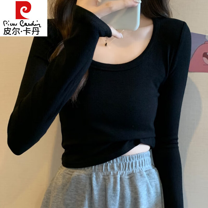 Pierre Cardin red knitted bottoming shirt for women autumn large neckline long-sleeved cotton top sexy u-neck right shoulder ribbed cotton inner t-shirt red S