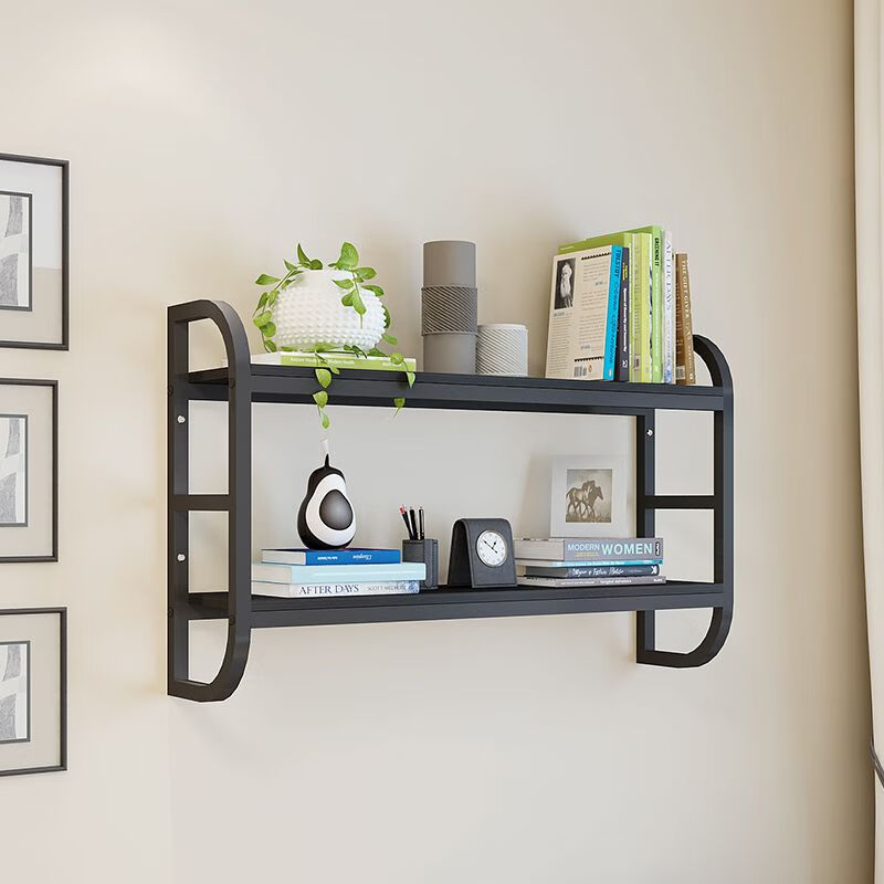 Wall bookshelf, wrought iron storage rack, kitchen, living room, bedroom, wall flower rack, wine rack, children's one-word partition storage cabinet, light walnut panel + black shelf, second floor length 40 width 24 height 50 (regular style)