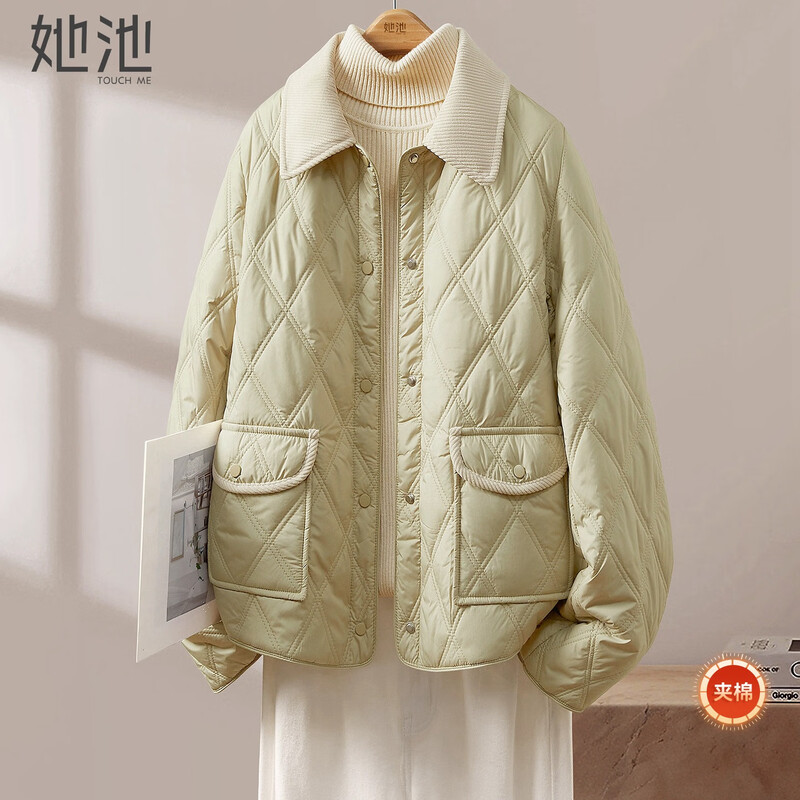 She pool diamond plaid embossed warm cotton coat women's 2025 autumn new lapel single-breasted cotton coat