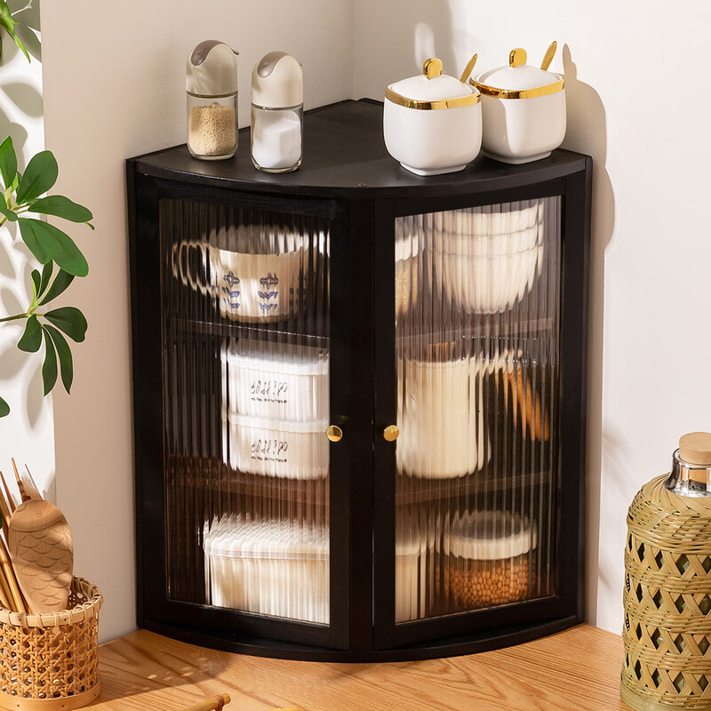 Trojan Dinner Cabinet Countertop Kitchen Storage Rack Corner Storage Cupboard Cabinet Storage Wine Cabinet Porch Multi-Function Side Cabinet Corner Design Changhong Transparent Door-Black Four Layers