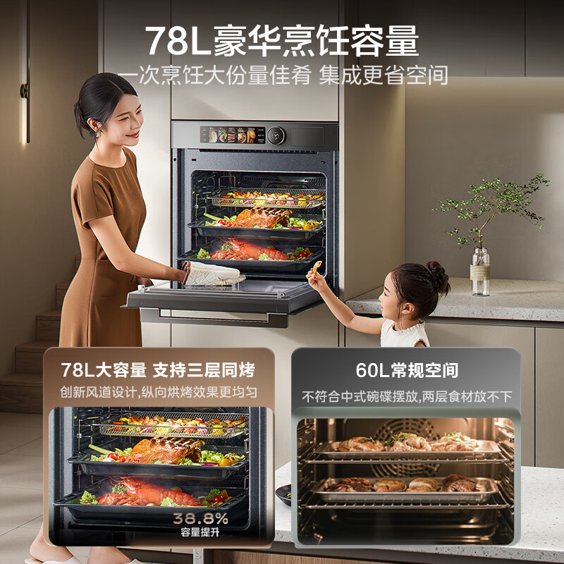 Midea 0.2s extremely fast heating, embedded micro-steaming and baking five-in-one machine, temperature and humidity intelligent control air frying, baked bagels, 78L steam oven, Midea Zhishi R7S