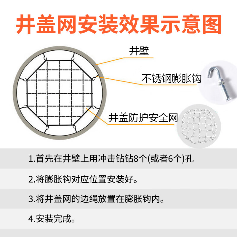 Jiuqiangu manhole cover anti-fall net, sewer manhole cover protection net, municipal circular rainwater well safety net, manhole inspection well sewage outlet safety anti-fall net, diameter 800MM, with 6 hooks