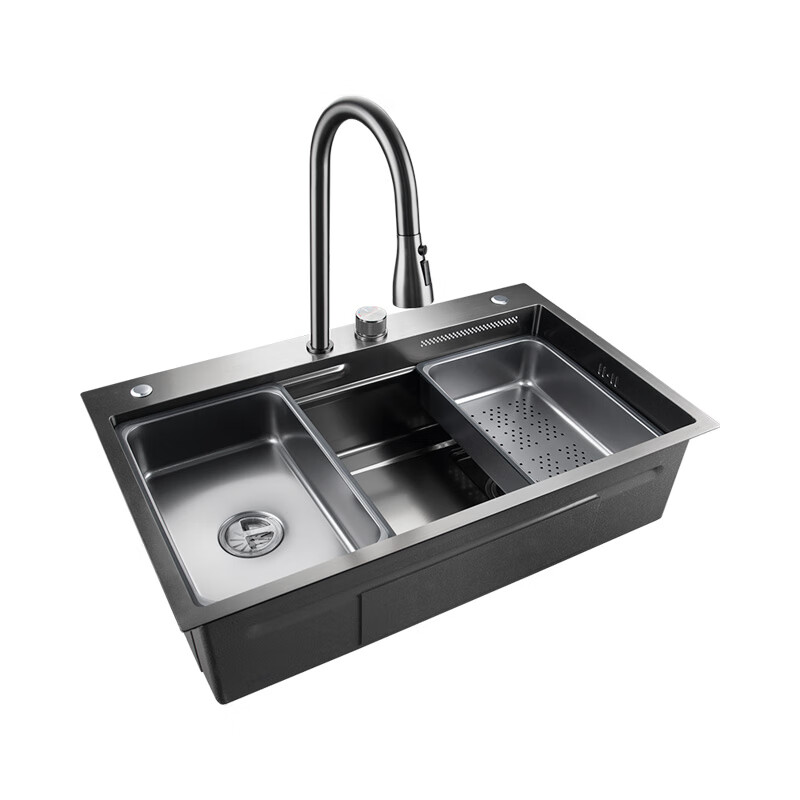 Submarine handmade large single-slot kitchen sink 304 stainless steel sink with cutting board sink under counter above counter basin gun ash 78*48cm waterfall water outlet