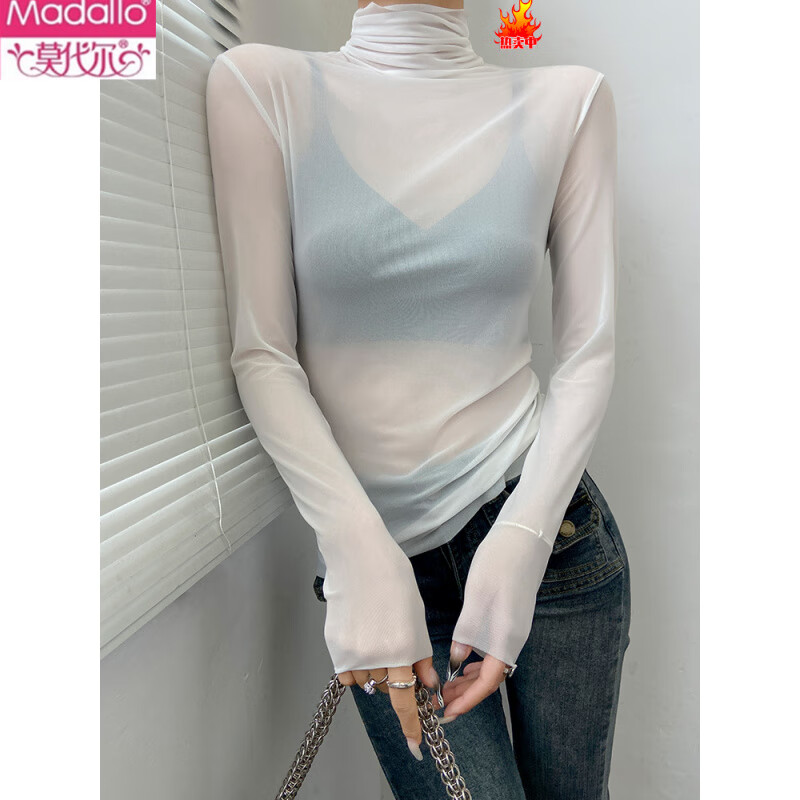 Modal turtleneck bottoming shirt for women with lace transparent high-end mesh top and lightweight stacked collar t-shirt apricot S 80-100 catties
