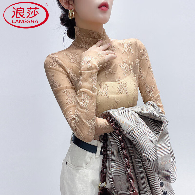 LangSha turtleneck lace bottoming shirt for women, thin autumn and winter new style, style sweater with gauze inside, white hollow mesh top, white, one size fits all