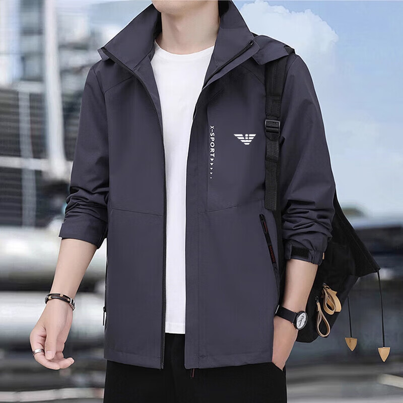ARMANI EXCHANGE Armani 2025 new high-end jacket men's autumn and winter 2025 new sports and leisure windproof hooded men's dark gray velvet hood detachable thickened L 105-120 pounds