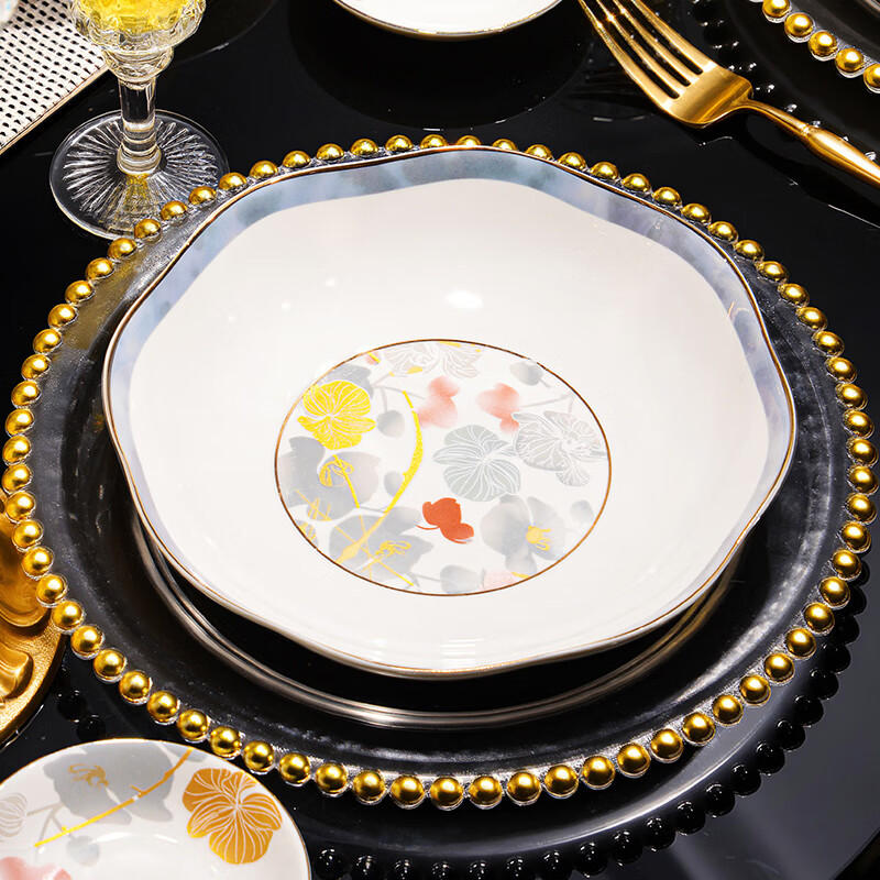 DISHWEER bowls, plates and tableware set 2026 new light luxury new bone china tableware set housewarming gift 62 pieces Lanxiang Yashi