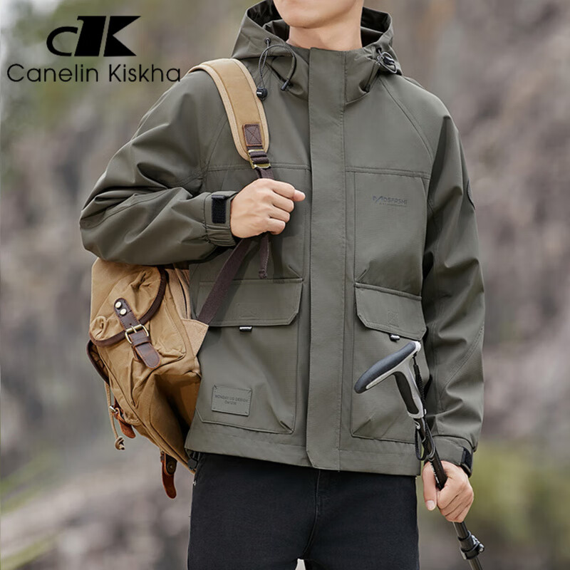 CANELIN KISKHA American casual outdoor jacket men's autumn and winter trendy brand men's cotton thickened work jacket men's military green regular XL size recommended 135-150 pounds