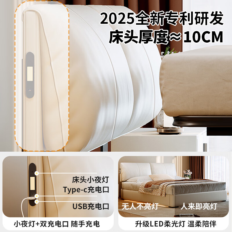 Dongxiong ultra-thin bedside side-opening storage three-drawer bed small apartment space-saving box with flush elephant ear leather bed first layer cowhide bed/full solid wood beech wood rib frame 1500mm*2000mm box side-opening three drawers